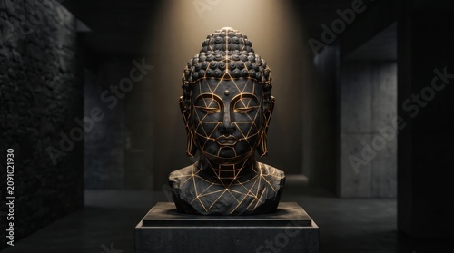 Buddha Sculpture with Wireframe Polygon Geometry in Digital Art Exhibition