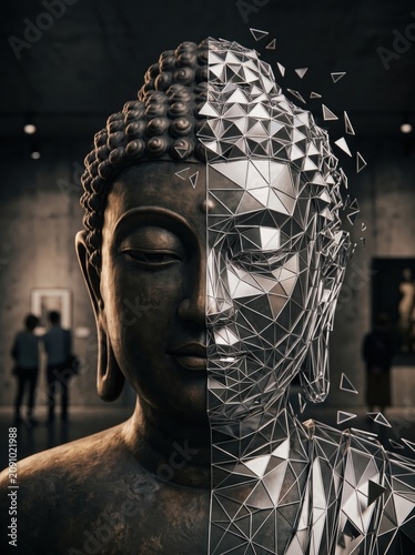Abstract Buddha Portrait with Polygon Wireframe Transformation