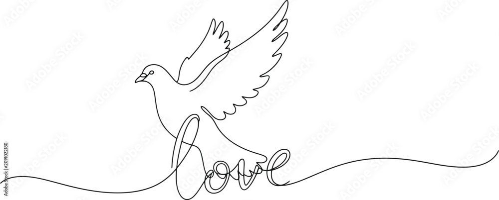 Obraz premium Minimalist continuous line drawing of a dove with the word love vector art