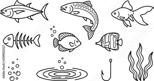 Obraz na płótnie Fish outline vector icon collection with bone tuna salmon goldfish hook and seaw