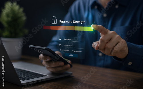 Person using tablet and drawing virtual password strength meter, concept of strong password creation, account security, login protection, cyber safety, and data privacy compliance.