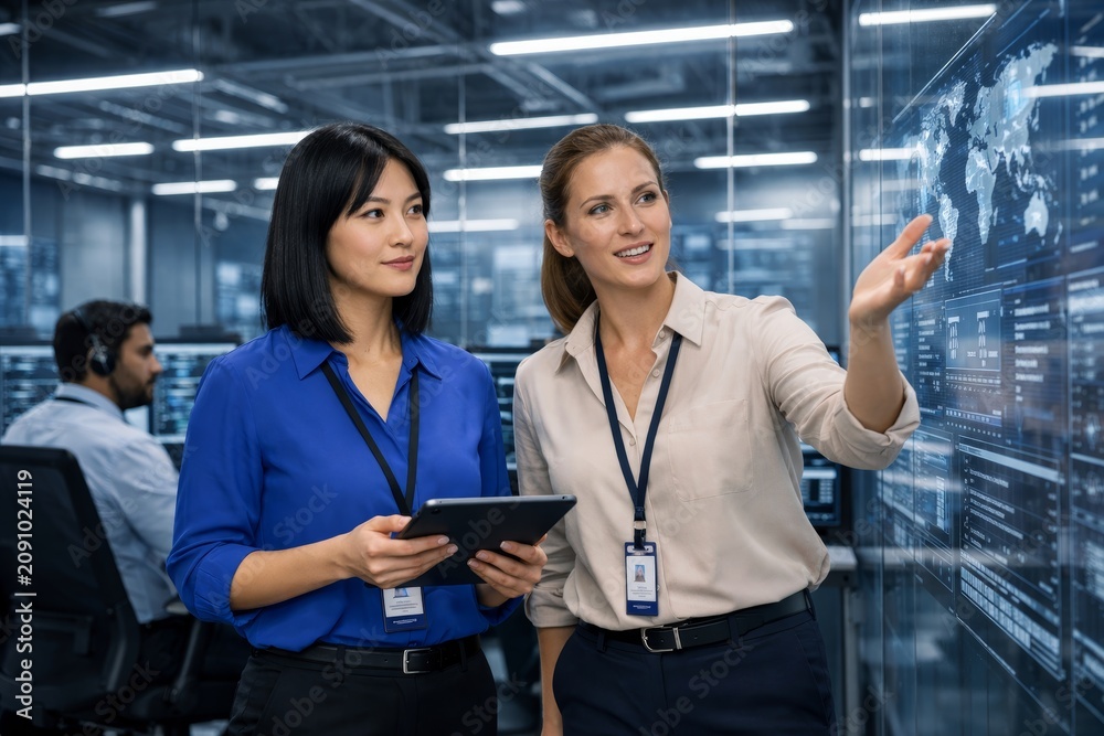 Fototapeta premium Team analyzing digital data wall in modern control room.