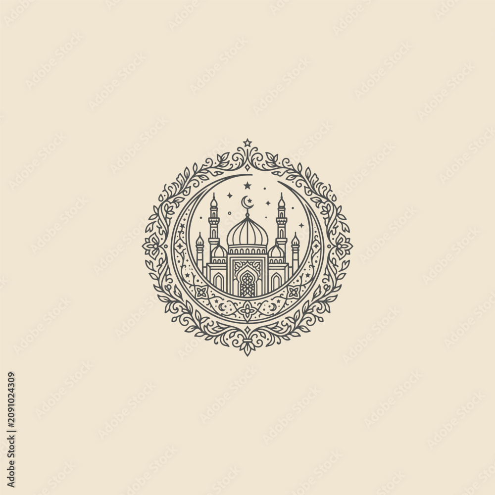 Obraz premium Elegant Mosque Emblem with Crescent Moon and Decorative Floral Frame Vector Illustration