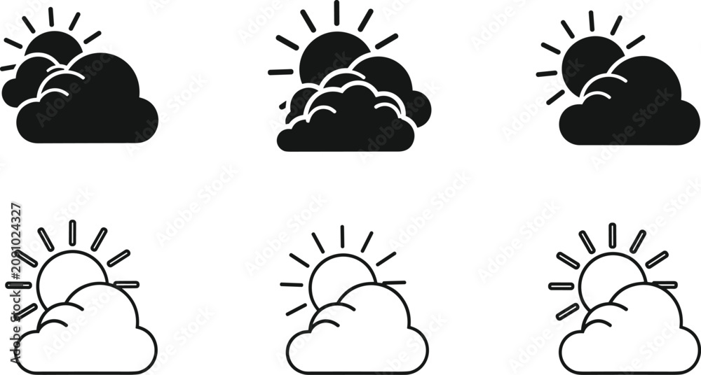 Fototapeta premium Weather forecast icon set with sun and clouds, partly cloudy day symbols, black silhouette and outline style, meteorology vector illustration, isolated white background,