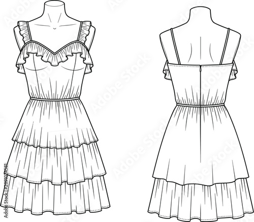 Fotografía Women fashion dress flat sketch vector illustration featuring tiered ruffle skir