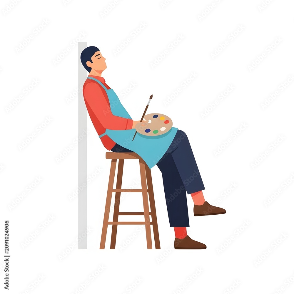 Fototapeta premium Tired artist sleeping on a wooden stool while holding a palette