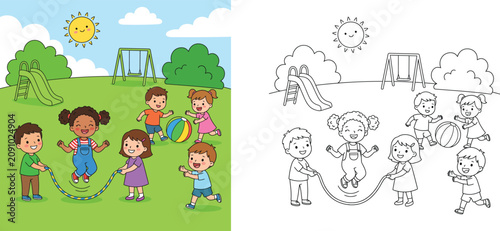 Children playing in the park vector illustration with coloring book page template, kids jumping rope and playing ball on playground