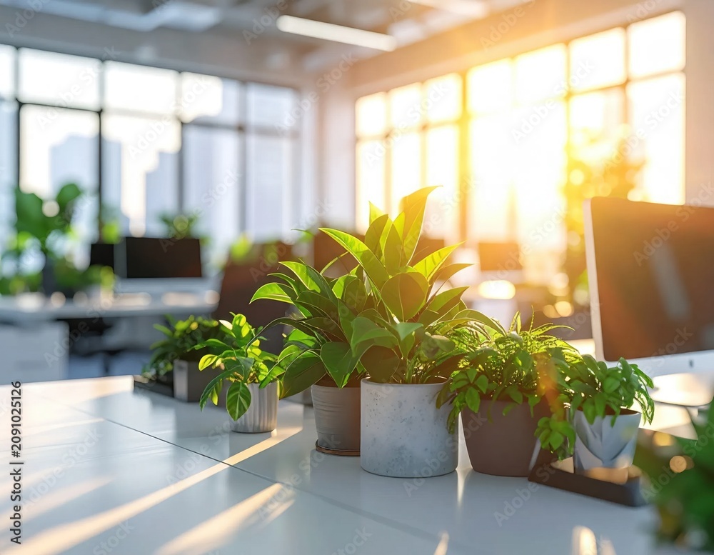 Fototapeta premium potted indoor plants on office desk in sunlight, sustainable workspace, greenery for productivity, wellbeing, workplace atmosphere, biophilic design