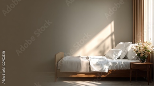 Warm neutral tones create a serene healthcare space with a cozy bed and delicate flowers