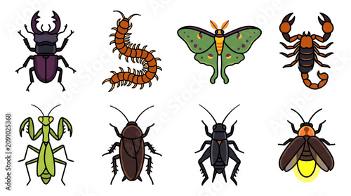 Halloween Insect Collection with Beetle Scorpion Moth Firefly and Creepy Bug Icons