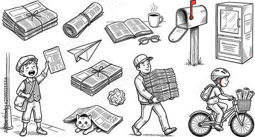 Canvastavla Newspaper Delivery Boy Set with Mailbox Bicycle and Newsstand Hand Drawn Vector