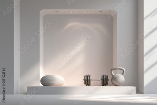 Inspiring healthy lifestyle space with minimalistic workout equipment and soft lighting