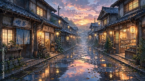 Anime style illustration, beautiful traditional Japanese village street during sunset featuring wet cobblestone road reflecting glowing warm lights from old wooden shops under colorful