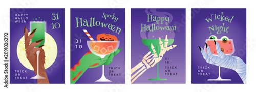 Set of Vertical Halloween Posters with Werewolf, Reptilian, Skeleton, Mummy Hands, cocktails, pumpkin, moon and Typography. Festive October sale invitation. Vector flat illustration.