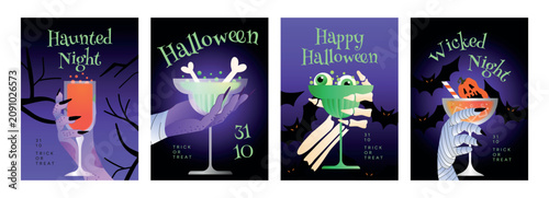 Set of Halloween Posters with creepy hands, wicked cocktails, bones, bats and Typography. Festive October greeting card, invitation, sale, event template. Vector flat illustration.