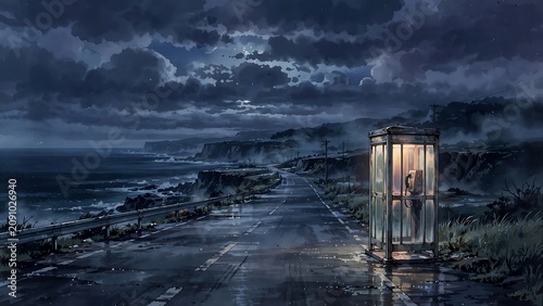 Anime style illustration, glowing vintage telephone booth standing beside wet coastal highway during dark stormy night with ocean waves crashing against rocky cliffs under cloudy