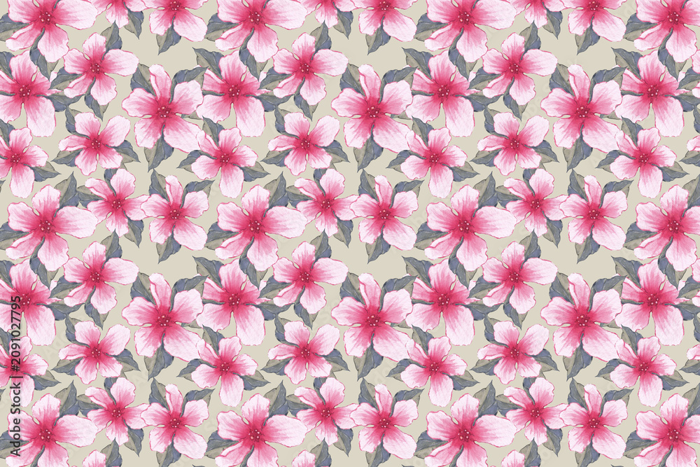 Obraz premium Watercolor pink flower blossom pattern on light beige background with watercolor