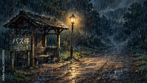 Anime style illustration, dark stormy night landscape featuring old wooden rural bus stop shelter illuminated by glowing vintage street lamp beside wet muddy dirt road near dense green