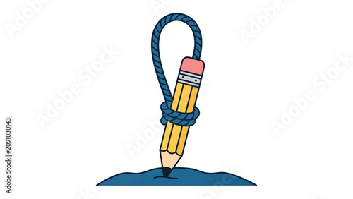 Принти на полотні Tied to Creativity: A yellow pencil with a pink eraser is tied with a rope, creating a knot, and is stuck in a blue wavy line