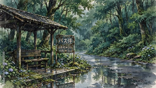 Watercolor style illustration, peaceful rural bus stop shelter beside wet asphalt road passing through dense green forest with blooming purple flowers during dark moody rain under