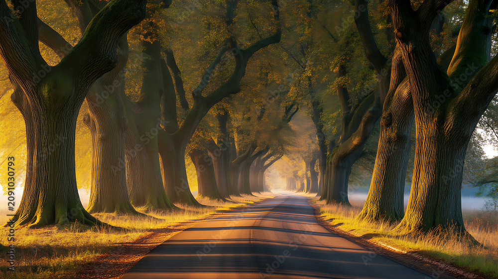 Obraz premium Tree-lined road, golden hour, autumnal atmosphere, shaded pathway, large tree trunks, grassy verge trees
