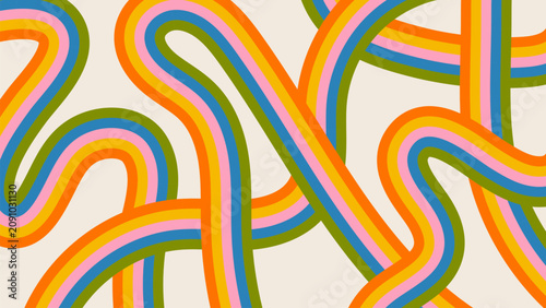 Colorful retro 70s pattern with wavy rainbow stripes. Trendy naive cartoon background