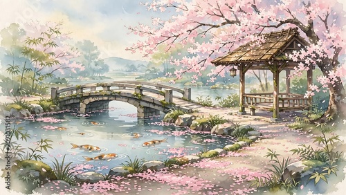 Watercolor style illustration, beautiful spring landscape featuring traditional wooden gazebo beside calm pond filled with swimming koi fish surrounded by blooming pink cherry blossom