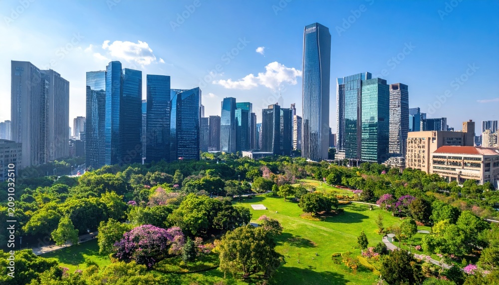 Fototapeta premium Cityscape showing skyscrapers rising above a park with trees, blue sky