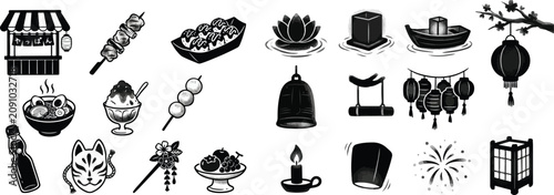 Japanese Summer Festival Elements and Traditional Street Food Doodle Icon Set