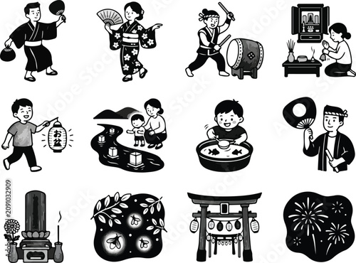 Japanese Obon Festival and Summer Tradition Vector Illustration Set