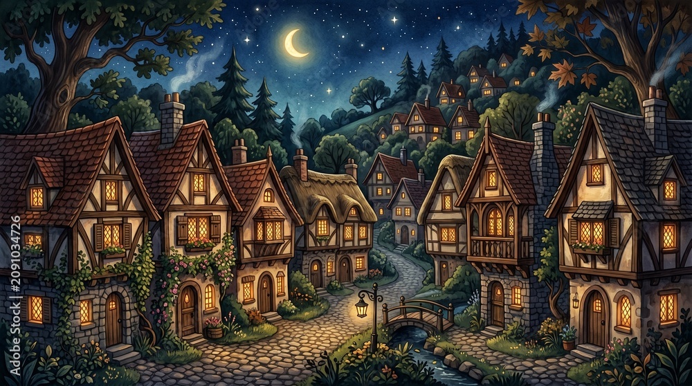 Obraz premium Cozy medieval village at night with glowing windows under a moonlit sky