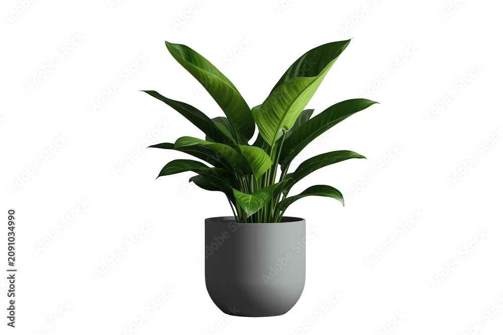 Fototapeta premium Tropical houseplant with lush green leaves in a grey pot, providing fresh decor and a clean, isolated element