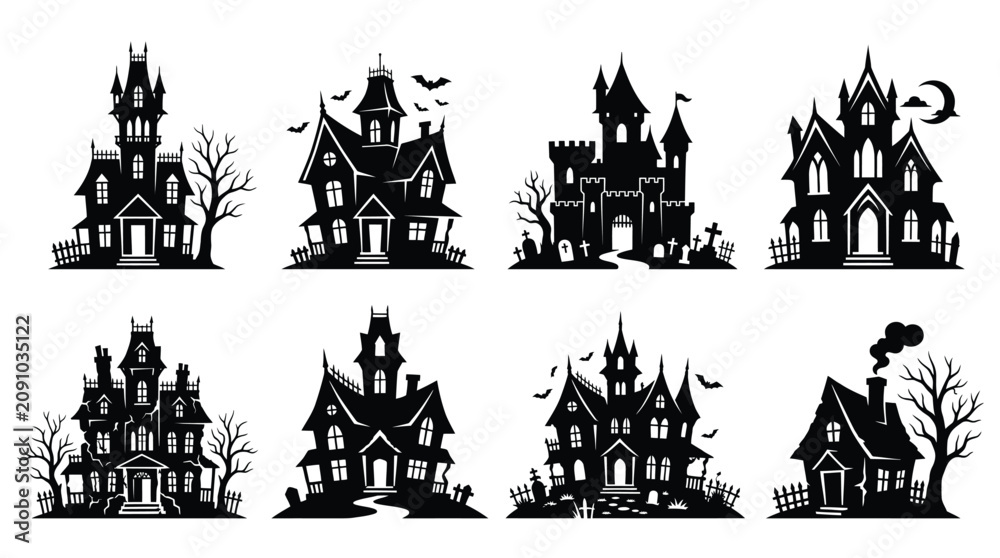 Fototapeta premium Haunted house silhouette set gothic spooky architecture bats trees chimneys black white vector illustration Halloween horror design creepy building artwork for projects
