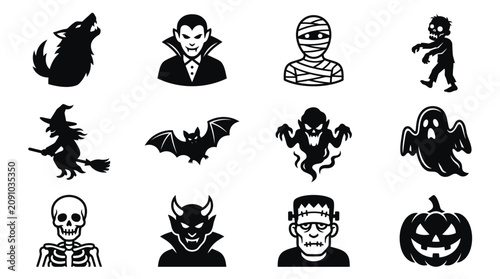 Foto Halloween horror silhouette set vampire werewolf witch ghost skeleton grim reape