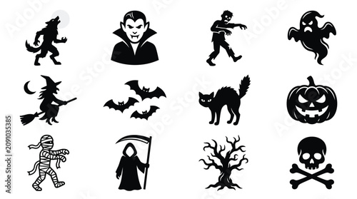 Foto Halloween horror silhouette set vampire werewolf witch ghost skeleton grim reape