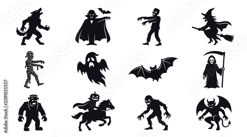 Schilderij op canvas Halloween horror silhouette set vampire werewolf witch ghost skeleton grim reape