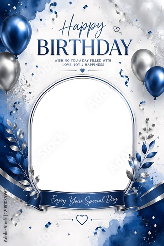 Happy birthday card with blue balloons and confetti