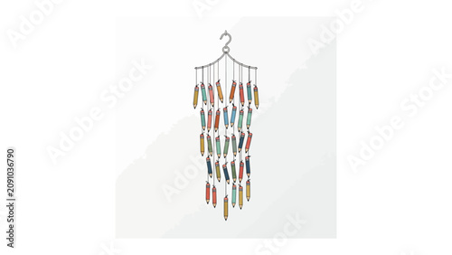Foto Colorful Chimes Mobile: A whimsical mobile with numerous colorful beads, resembling pencil tips, hangs gracefully, creating a playful and decorative accent