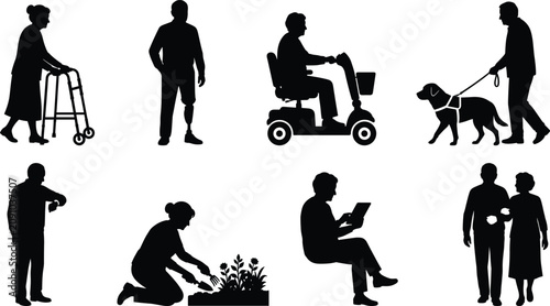 Elderly people and disability accessibility vector silhouette collection featuring senior care lifestyle and assistance symbols