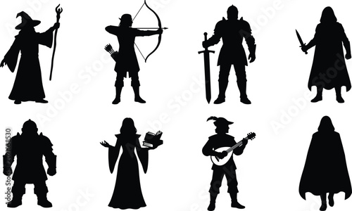 Bild auf Leinwand Fantasy RPG character class vector silhouette collection featuring wizard warrio