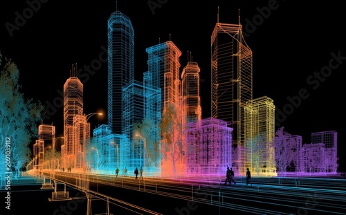 Futuristic city skyline rendered in colorful wireframe against a black background