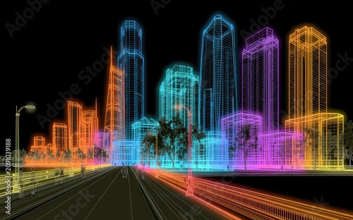 Wireframe cityscape with vibrant neon lights and a dark background