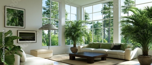 Bright living room with large windows overlooking a lush forest, plants abound