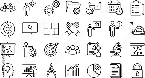 Project management and business workflow line icon set featuring team planning strategy and operations optimization symbols