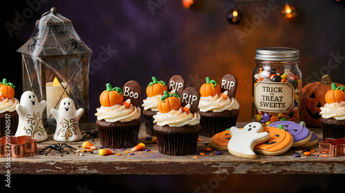 Halloween Cupcakes Isolated on with Trick or Treat Sweets on a transparent background