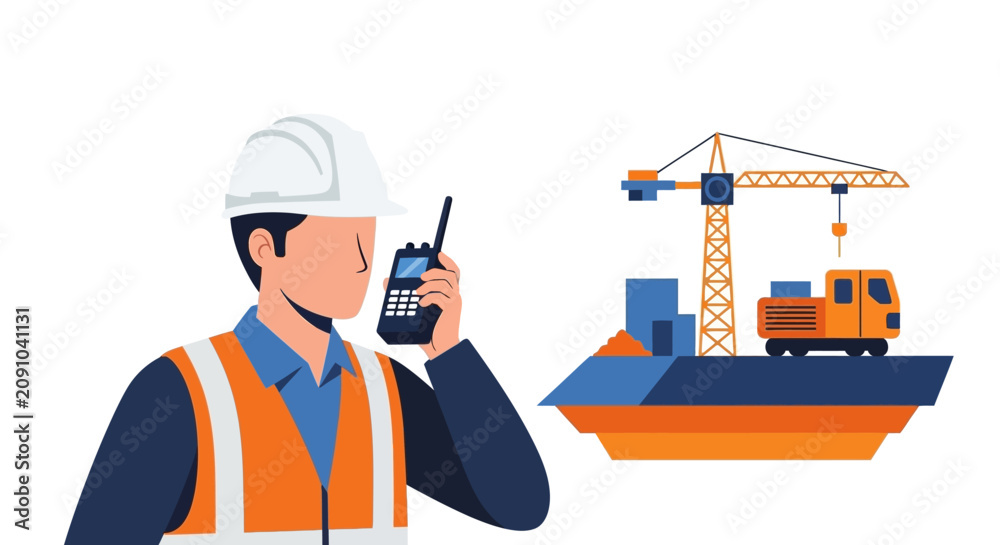 Fototapeta premium Construction Engineer Communicating with Walkie-Talkie on Site with Crane and Heavy Machinery Flat Vector Illustration