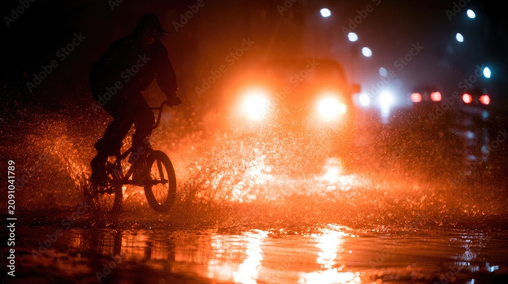 Obraz premium Cyclist splashes through dark, rain-soaked street under bright headlights