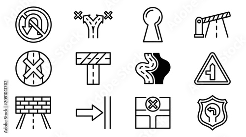 Obraz na plátně Dynamic Black and White Line Art Icons Set of Road Signs Railway Crossings and C