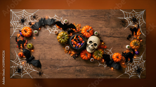 Halloween Decorations Isolated on Flat Lay Pumpkins Skull on a transparent background