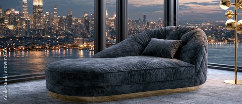 Luxurious chaise lounge with city skyline view at night